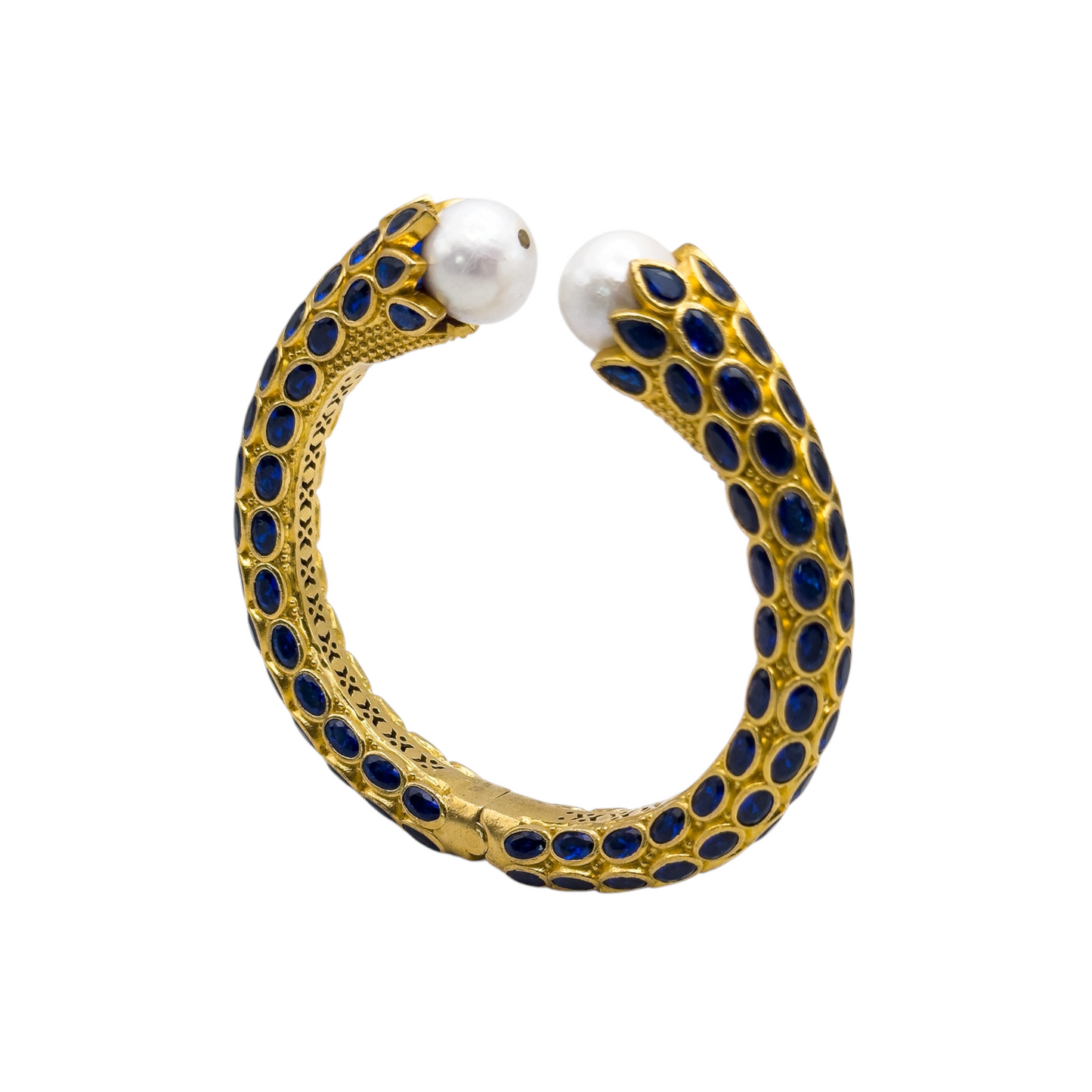 Vintage-Inspired Gold Sapphire Crystal & Pearl Cuff Bracelet