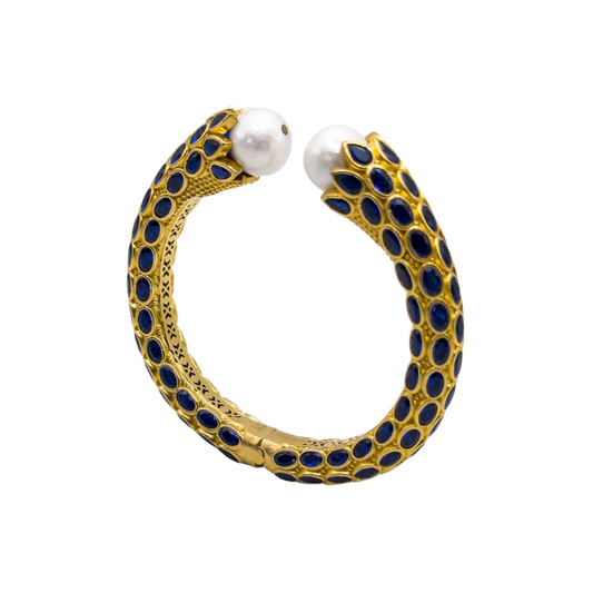 Vintage-Inspired Gold Sapphire Crystal & Pearl Cuff Bracelet