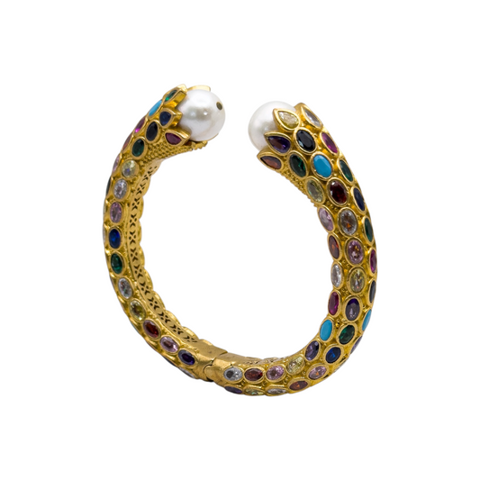Vintage-Inspired Gold Multicolour Crystal & Pearl Cuff Bracelet