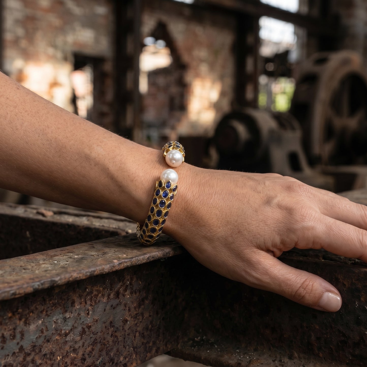 Vintage-Inspired Gold Sapphire Crystal & Pearl Cuff Bracelet