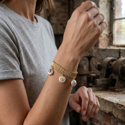 Vintage Rolled Gold Bar Bracelet with Pearl Bee, Insect & Ladybug Charms — 1970s