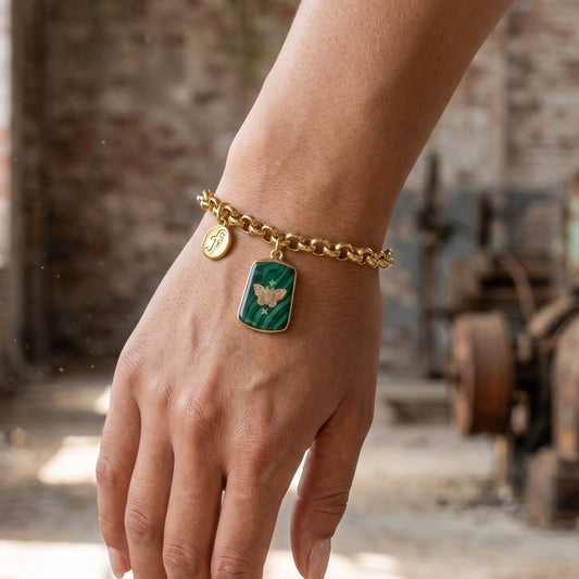 Vintage Gold Chain Bracelet with Malachite Butterfly Charm — 1980s