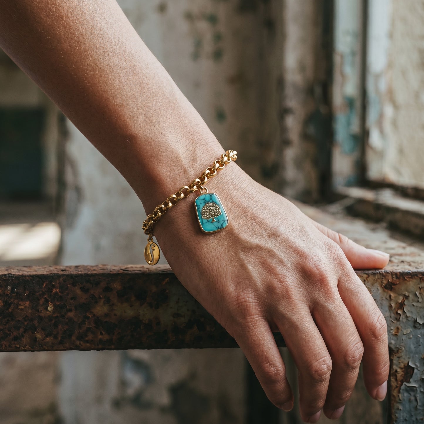 Vintage Gold Chain Bracelet with Turquoise Tree of Life Charm — 1980s