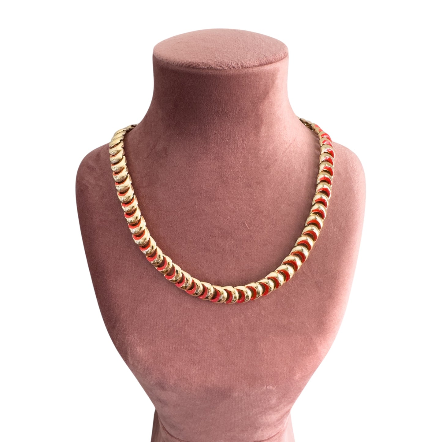 Vintage Red Enamel & Gold Chain Choker Necklace — 1980s