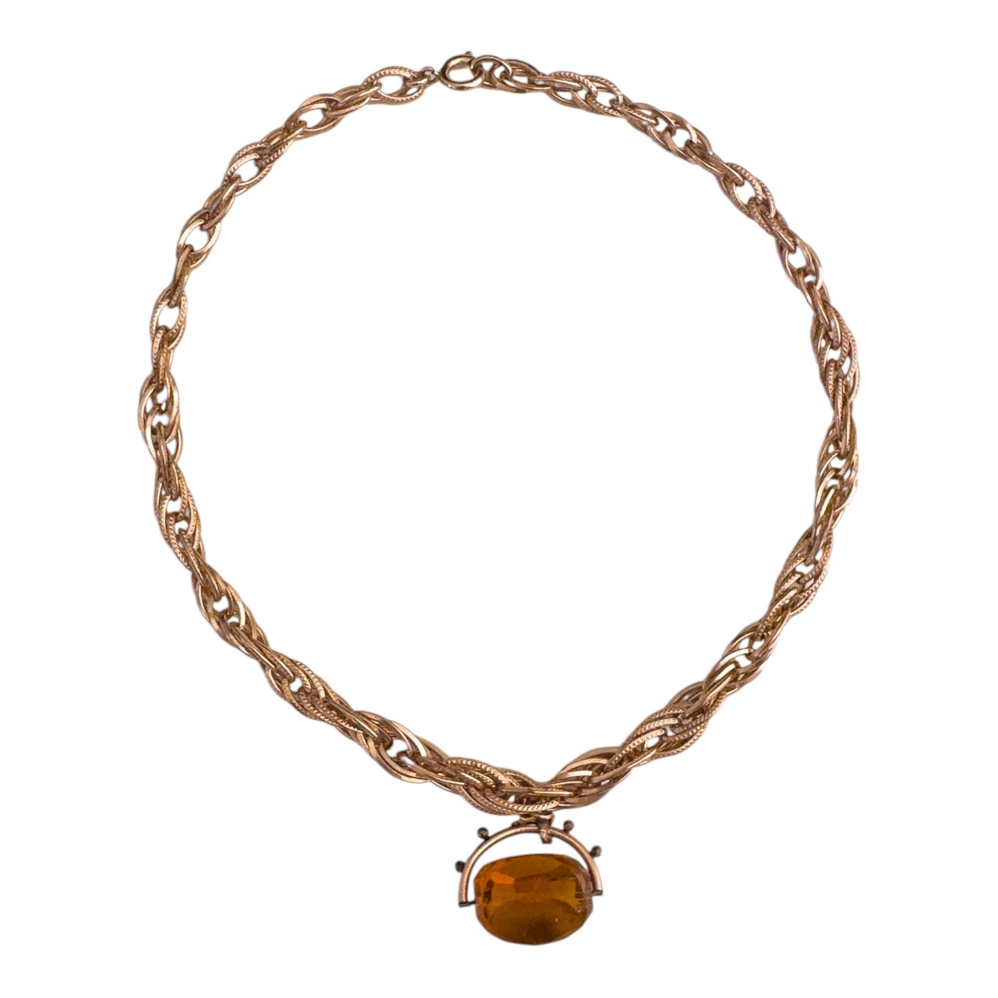 Vintage Rose Gold Chain Necklace with Antique Fob Pendant — 1980s