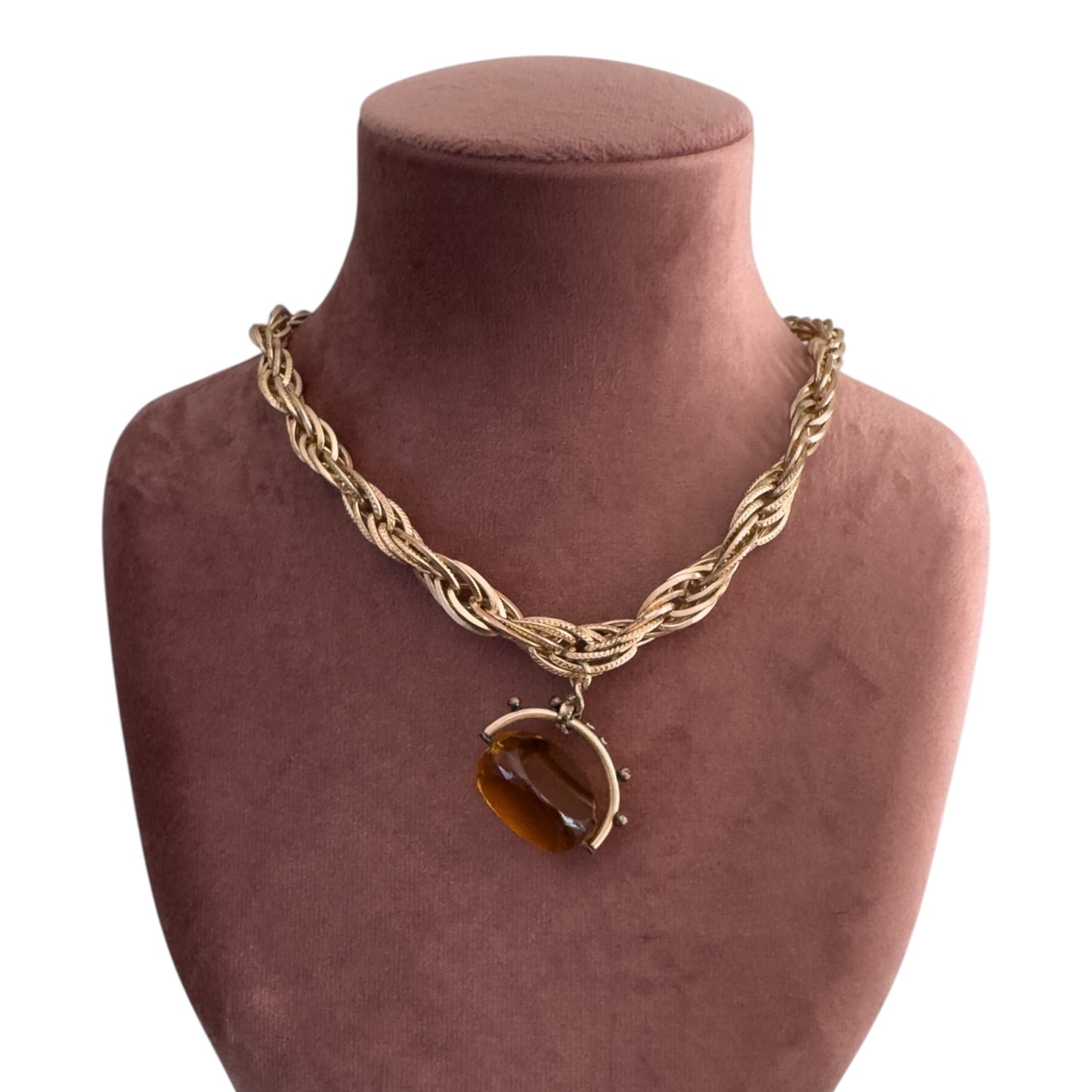 Vintage Rose Gold Chain Necklace with Antique Fob Pendant — 1980s