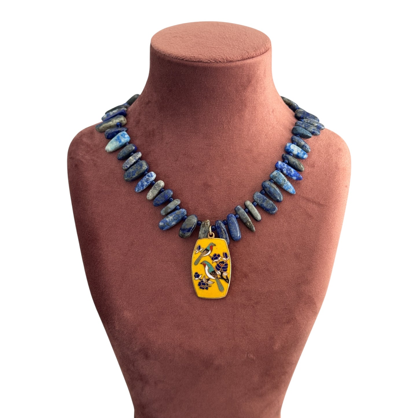 Vintage Lapis Lazuli Kolye ve Cloisonné Kuş Kolye Ucu — 1950'ler