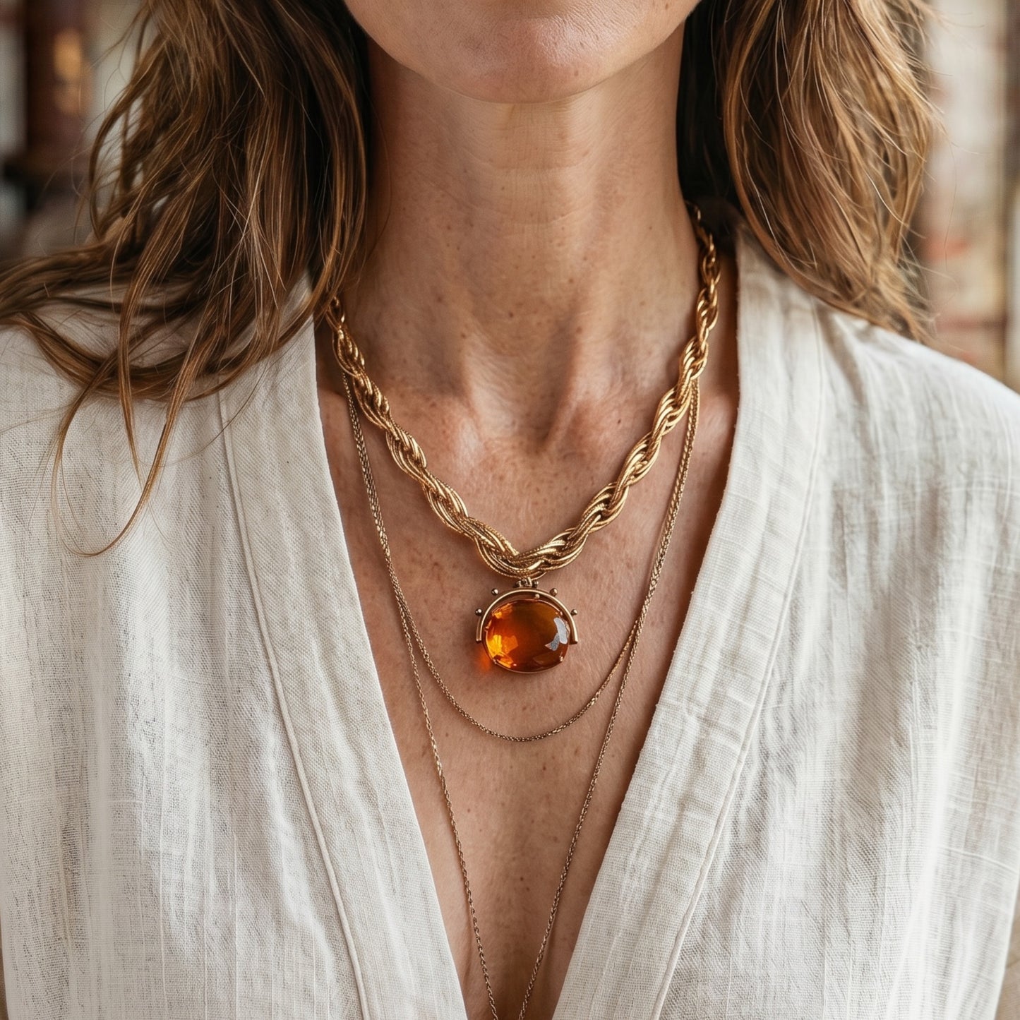 Vintage Rose Gold Chain Necklace with Antique Fob Pendant — 1980s