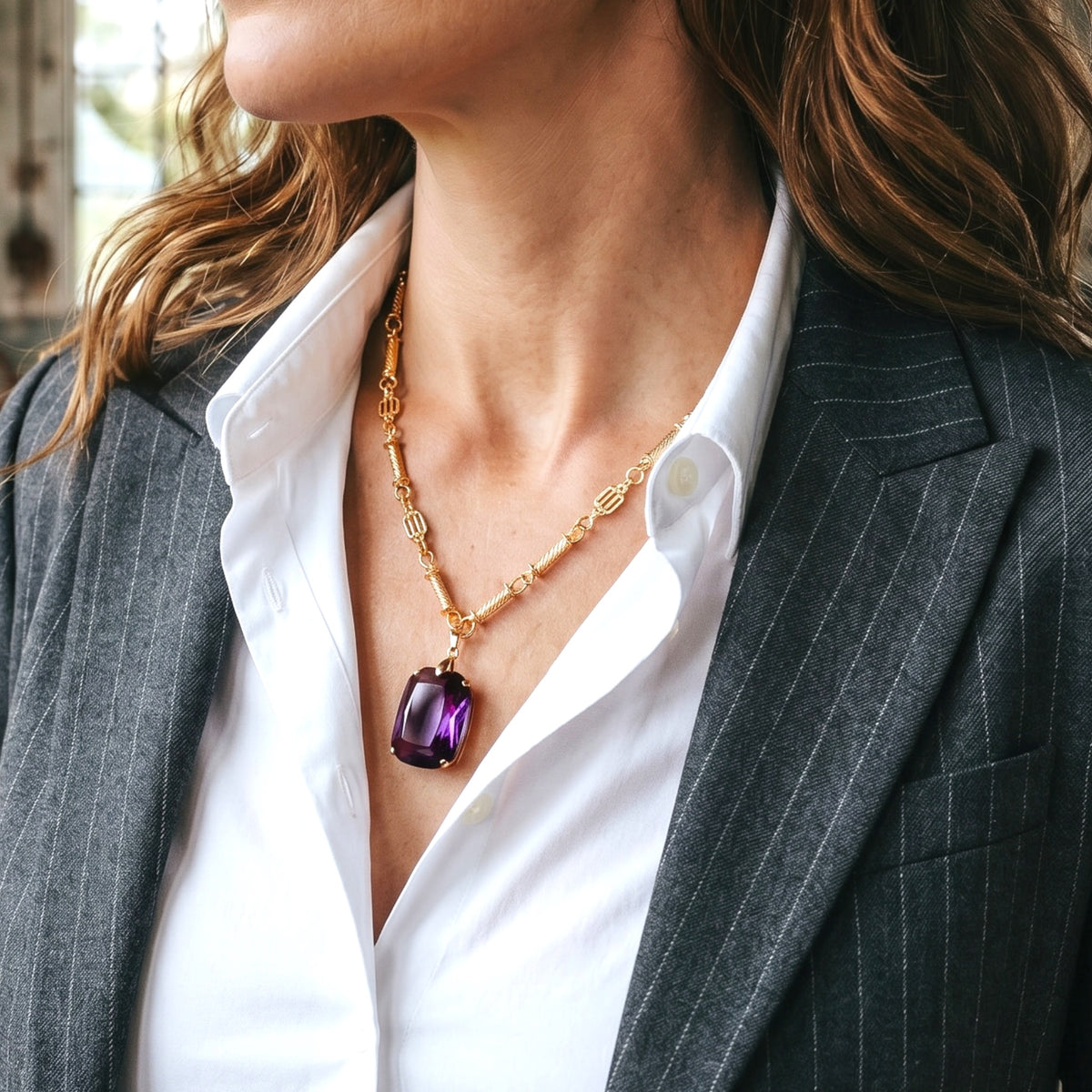 Vintage Altın Art Deco Swarovski Bordo Kristal Uçlu Kolye — 1980'ler