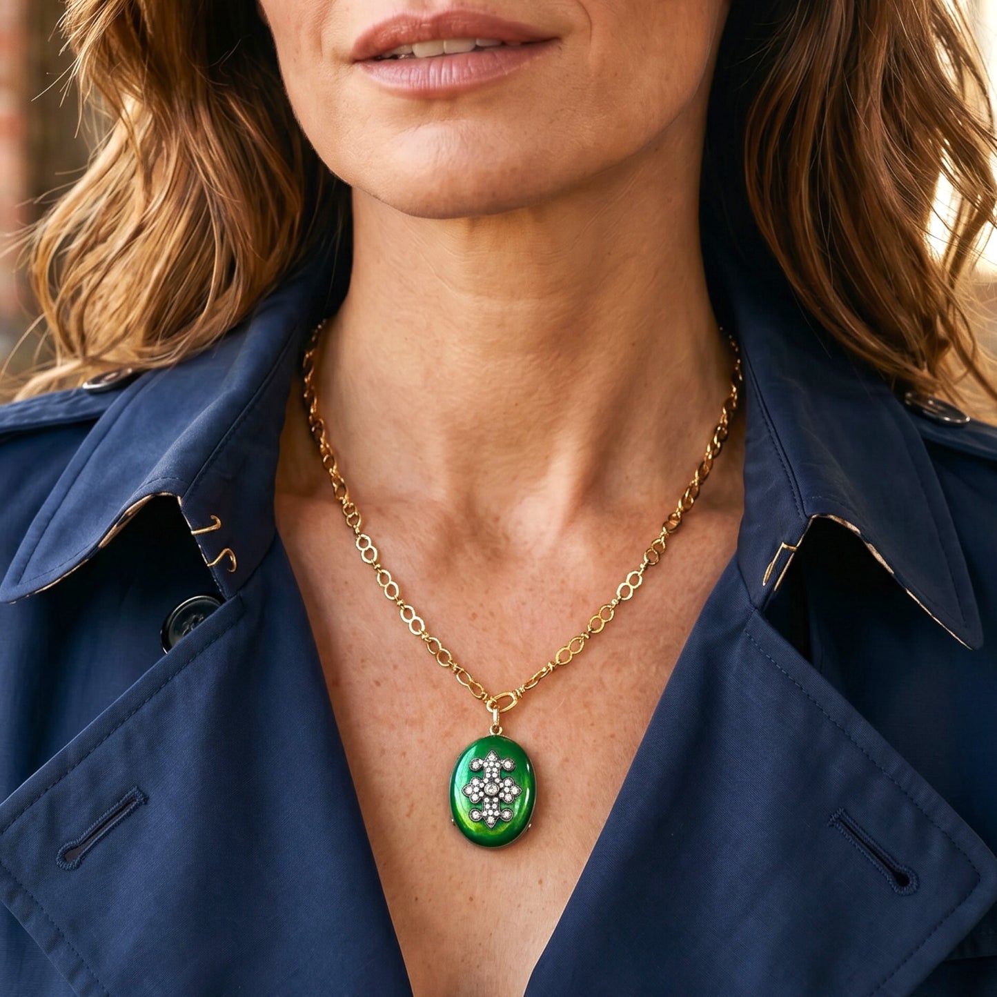 Vintage Sterling Silver Emerald Enamel Fleur-de-Lis Locket Necklace — 1990s