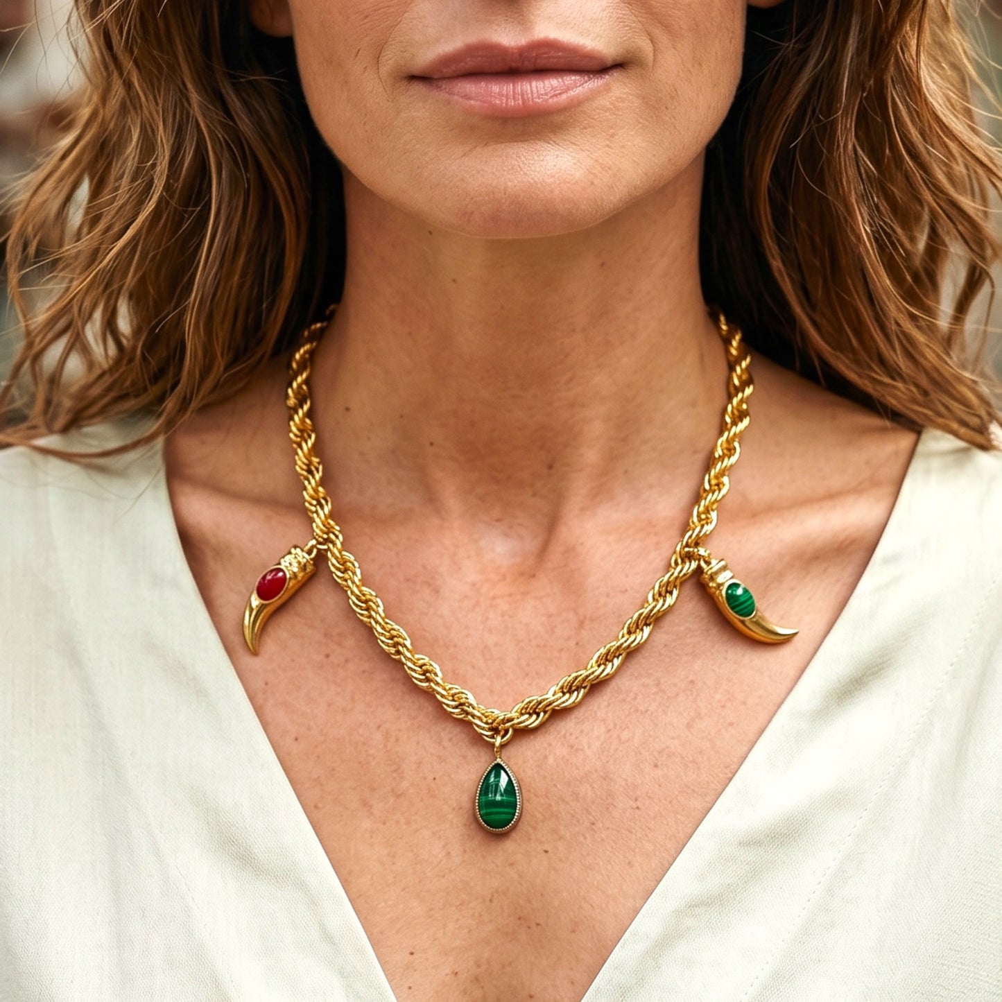 Vintage Triple Gold Chain Necklace with Joan Rivers Egg & Horn Charms — 1980s