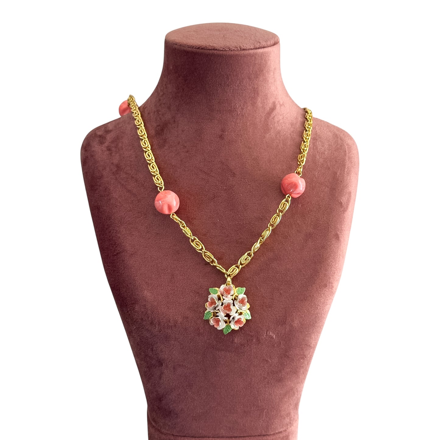 Vintage Hand-Painted Floral Pendant Necklace — 1950s Pendant, 1980s Chain