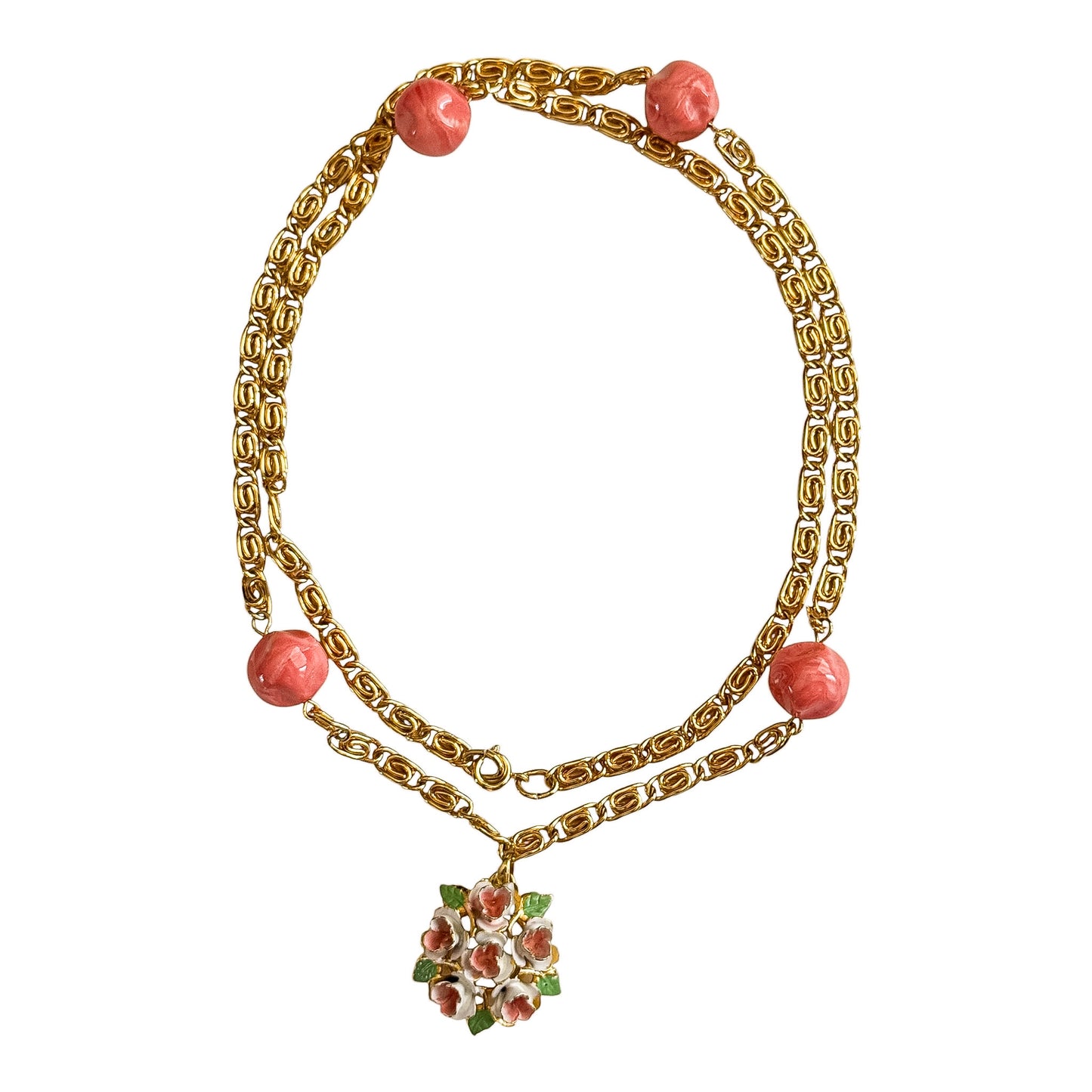 Vintage Hand-Painted Floral Pendant Necklace — 1950s Pendant, 1980s Chain