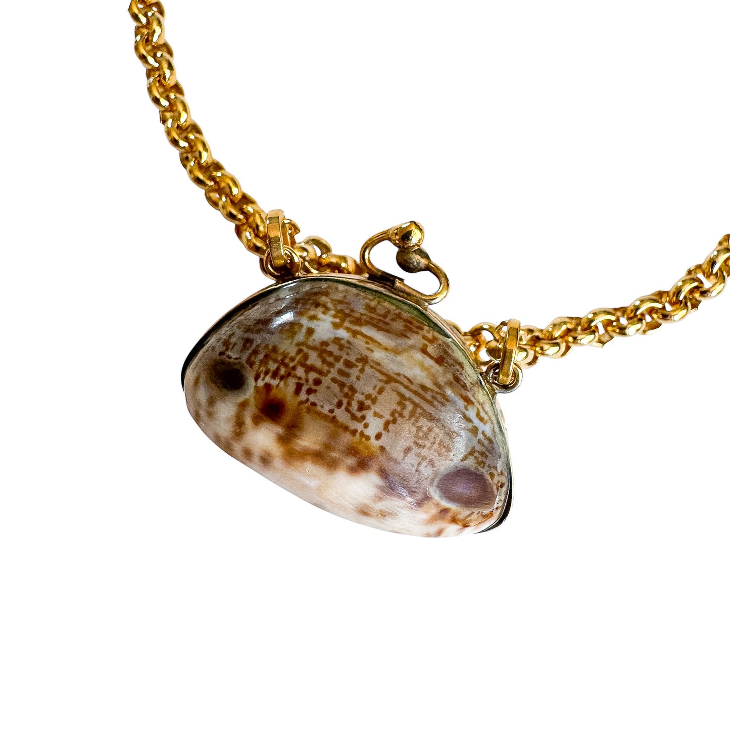 Vintage Rolo Chain Long Necklace with Seashell Bag Pendant — 1980s