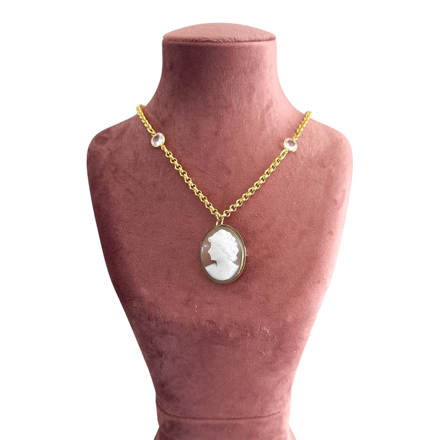 Vintage Gold Crystal Chain Necklace with Antique Shell Cameo Brooch Pendant — 1950s