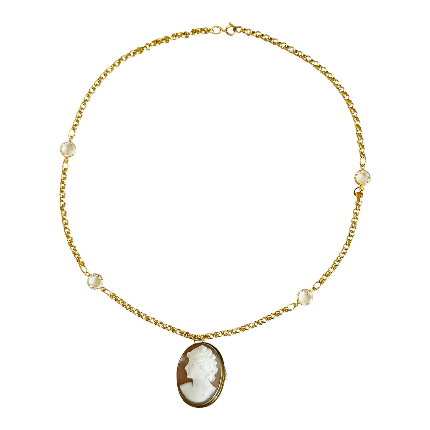 Vintage Gold Crystal Chain Necklace with Antique Shell Cameo Brooch Pendant — 1950s