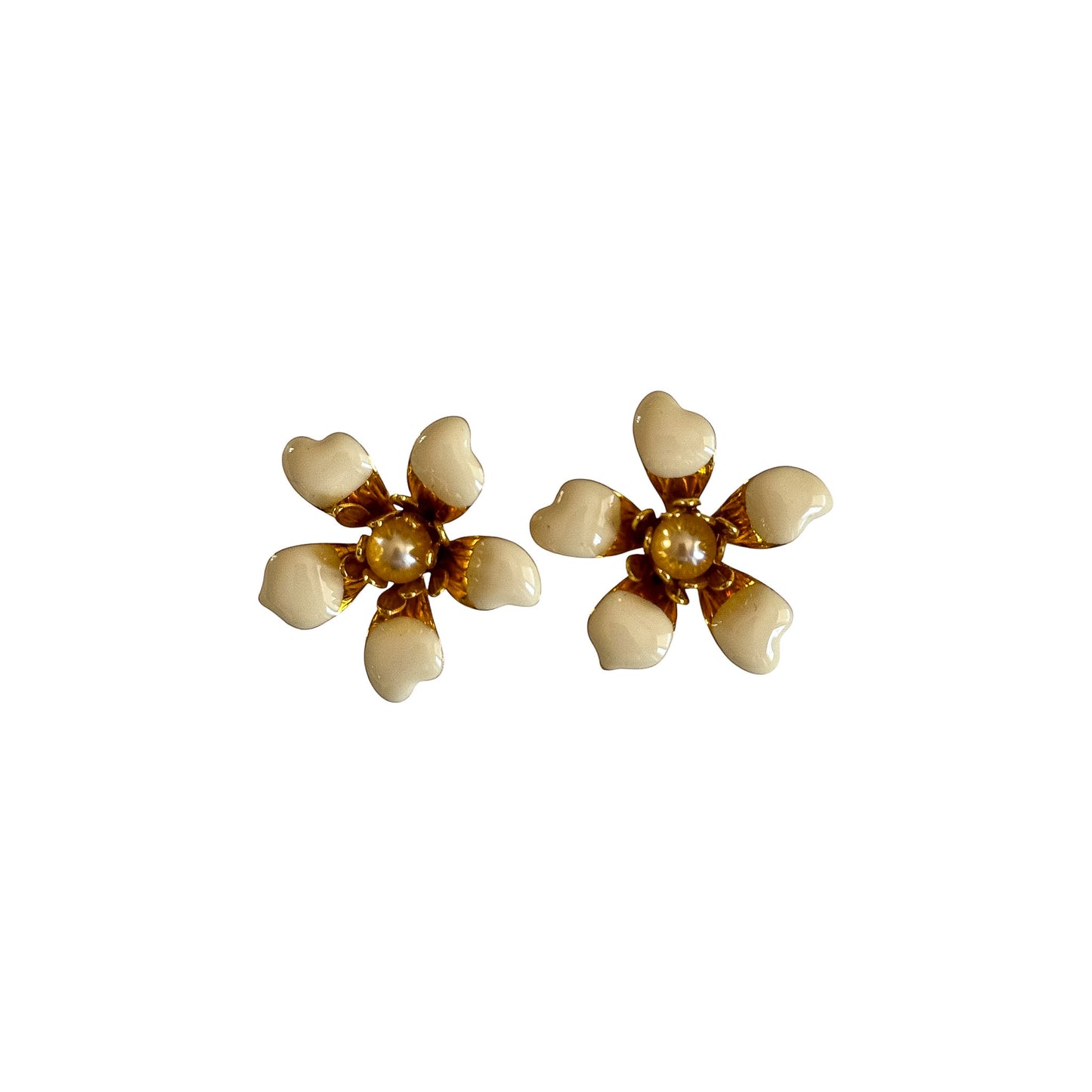 Vintage Gold-Plated 3D Pearl & Cream Enamel Flower Earrings — 1980s