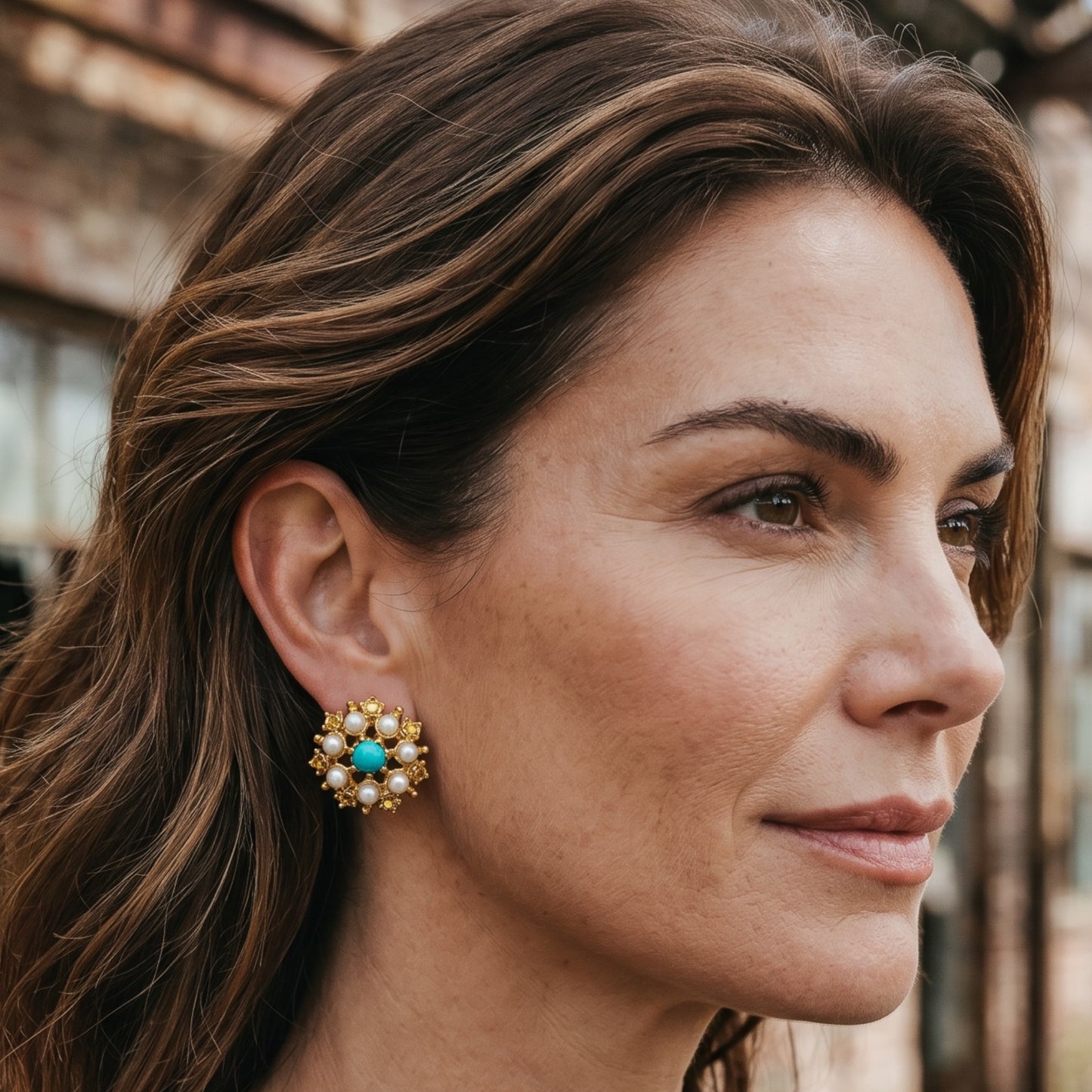 Vintage Gold Pearl & Turquoise Cluster Clip-On Earrings — 1980s