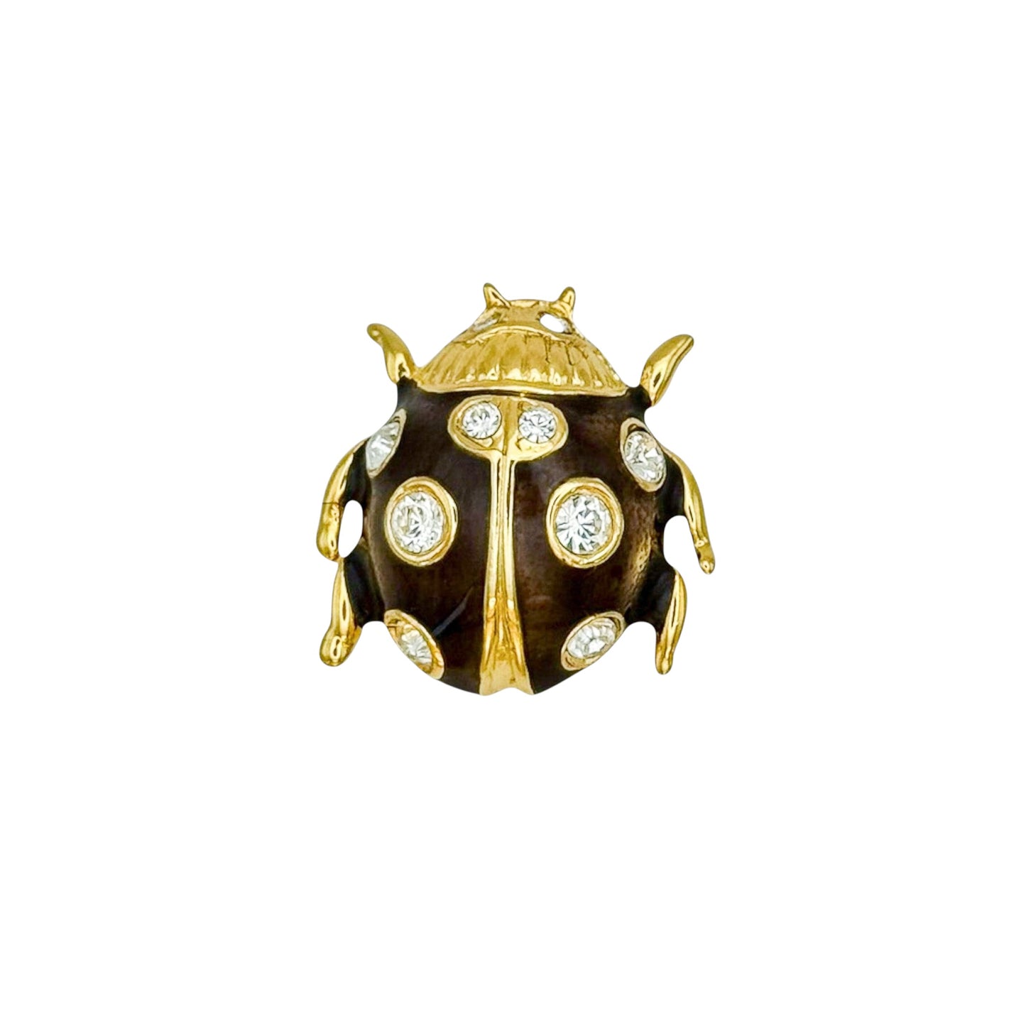Vintage Altın Kaplama Kahverengi Mine Swarovski Uğur Böceği Broş — 1980'ler