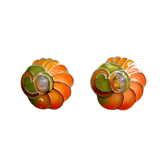 Vintage Bergdorf Goodman Enamel Swirl Earrings with Opal Centre — 1980s