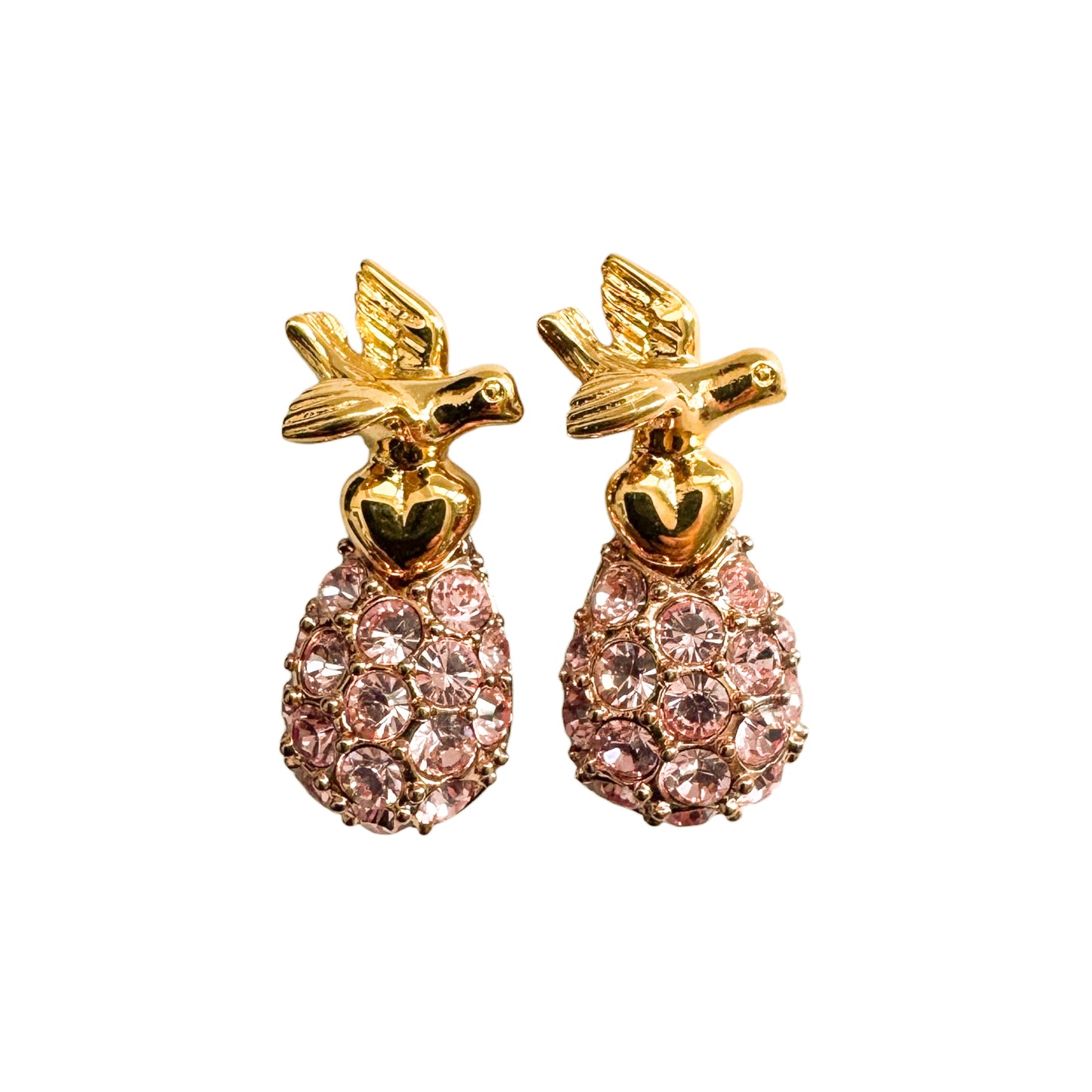 Vintage Joan Rivers Pink Rhinestone Egg Earrings with Gold Dove & Heart — 1980s