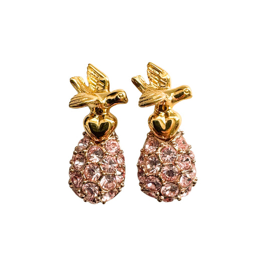 Vintage Joan Rivers Pink Rhinestone Egg Earrings with Gold Dove & Heart — 1980s