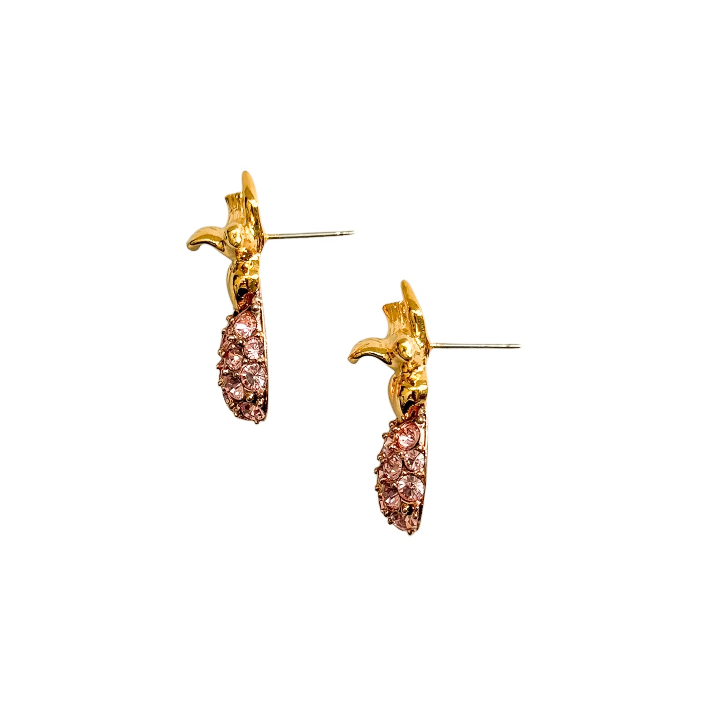 Vintage Joan Rivers Pink Rhinestone Egg Earrings with Gold Dove & Heart — 1980s