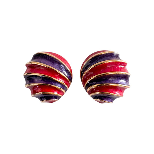 Vintage 1980s Hot Pink & Purple Enamel Seashell Clip-On Earrings — 1980s