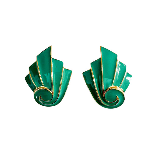 Vintage Bergdorf Goodman Green Enamel Art Deco Fan Earrings — 1980s