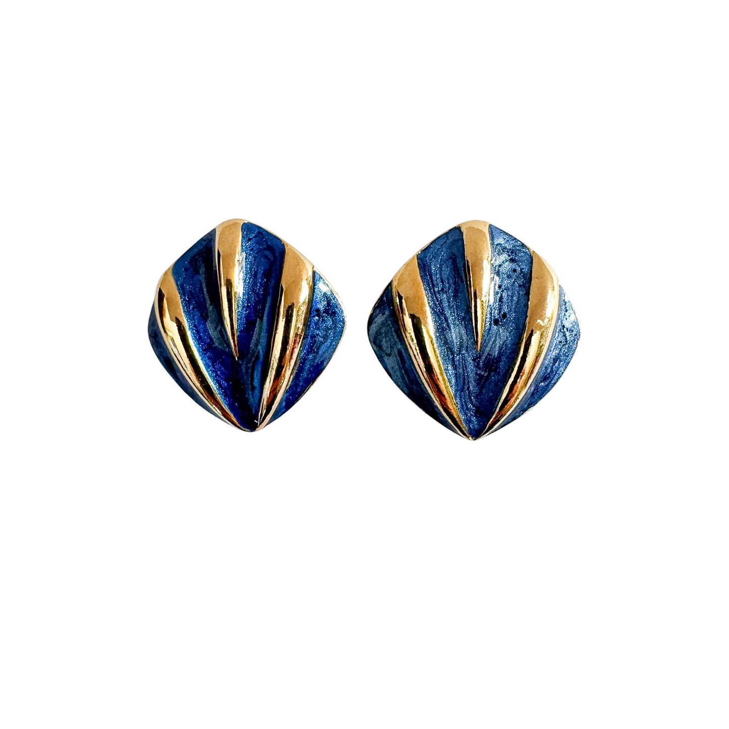 Vintage Art Deco Gold & Blue Enamel Clip-On Earrings — 1980s