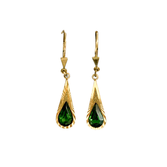 Vintage Franz Breuning Signed FB Rolled Gold & Green Glass Teardrop Earrings — 1950s