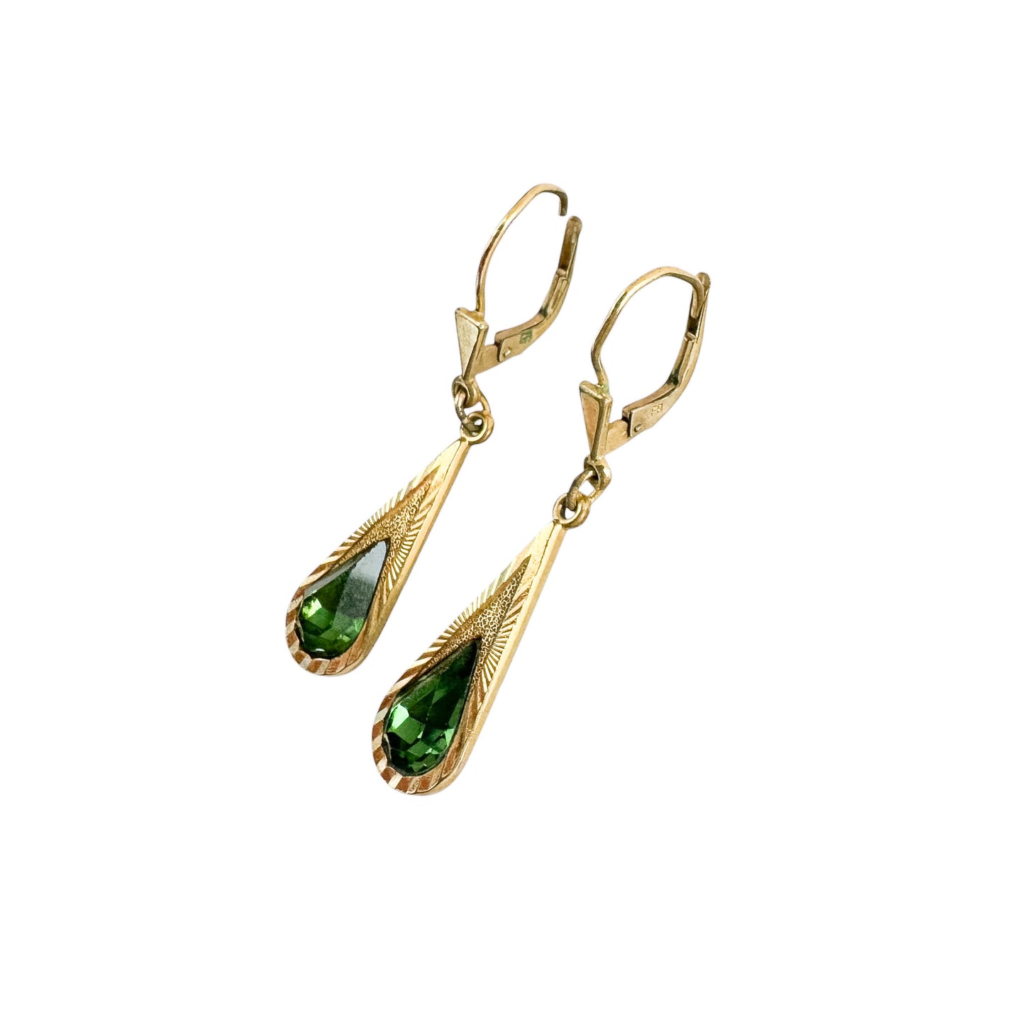 Vintage Franz Breuning Signed FB Rolled Gold & Green Glass Teardrop Earrings — 1950s
