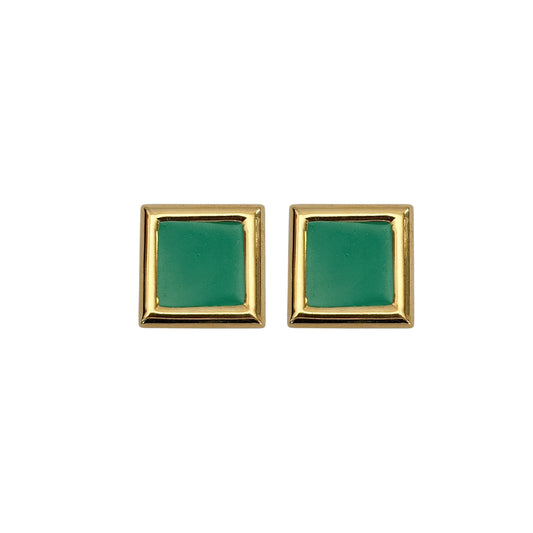 Vintage Gold & Emerald Green Enamel Geometric Square Earrings — 1980s