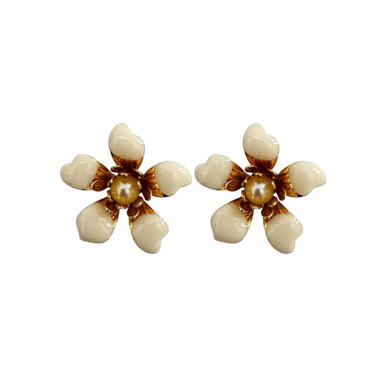 Vintage Gold-Plated 3D Pearl & Cream Enamel Flower Earrings — 1980s