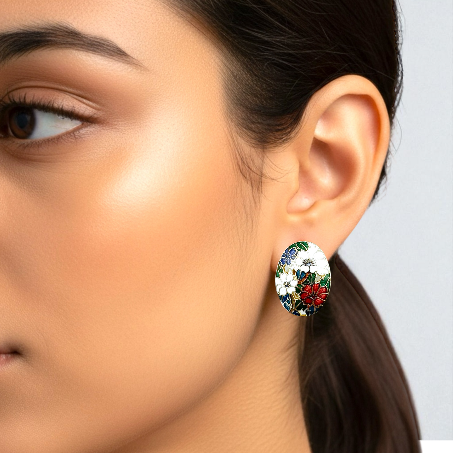 Vintage 1928 Floral Cloisonné Enamel Stud Earrings