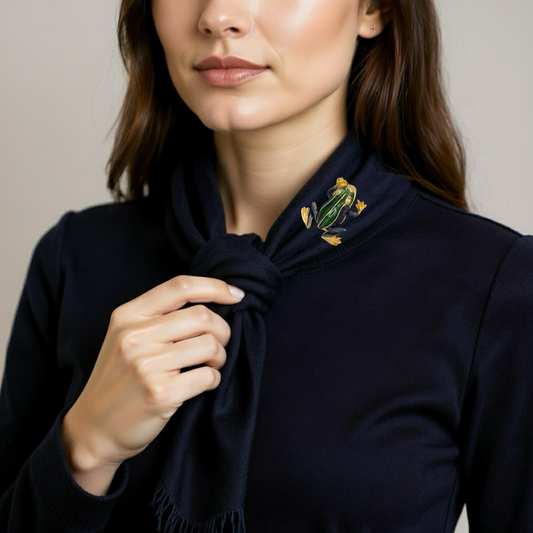 vintage frog brooch styled on blazer
