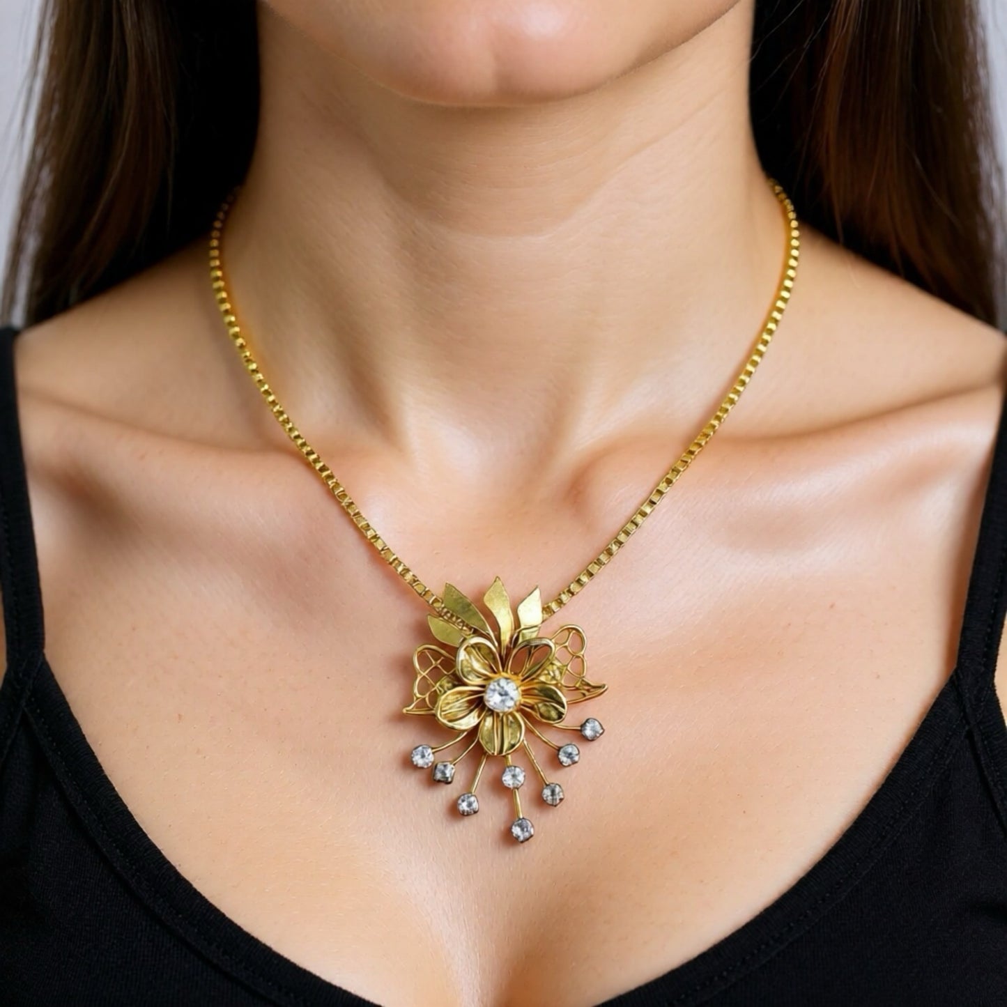 Kristal Çicek Broş-Kolye Uçlu Vintage Kolye