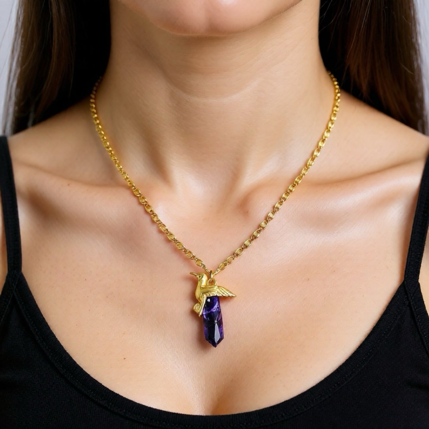 Ametist Kuşlu Vintage Altın Kaplama Kolye
