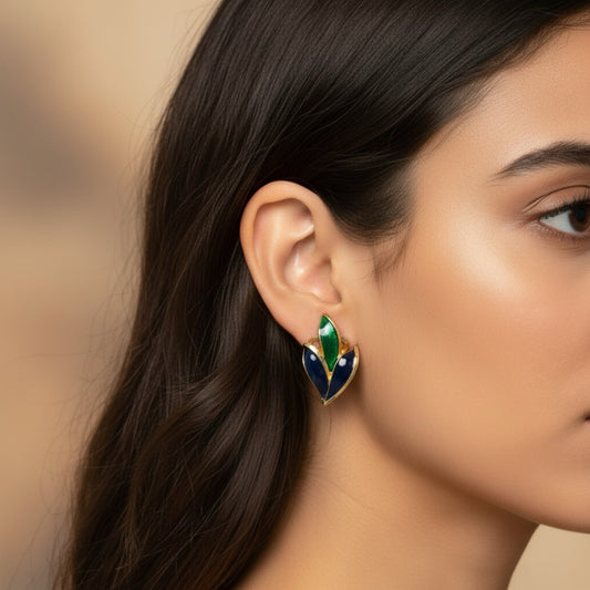 Vintage Gold-Plated Navy & Emerald Enamel Leaf Clip-On Earrings — 1980s