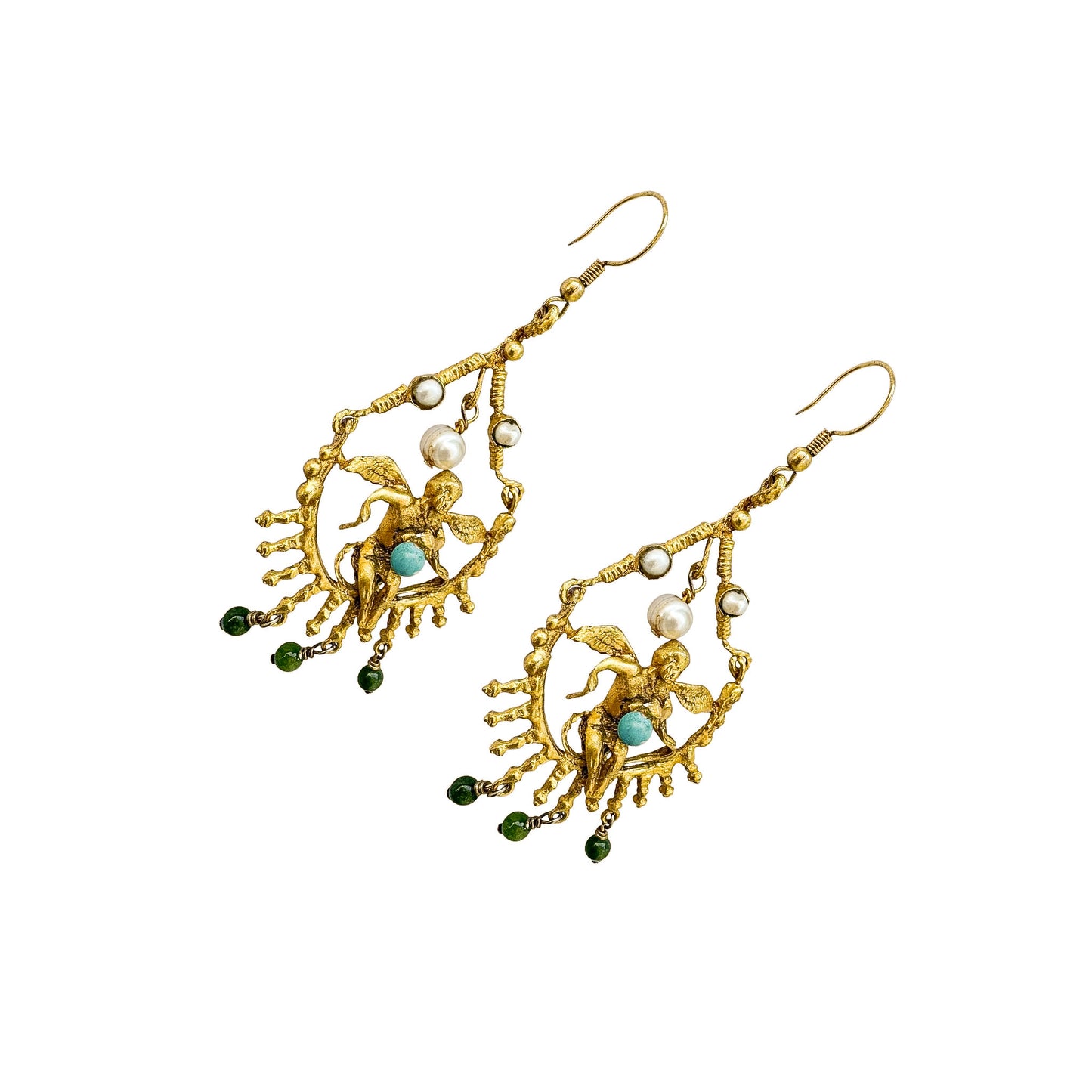 Vintage Italian Gold-Tone Cherub Chandelier Earring — Pearl & Jade 1990s