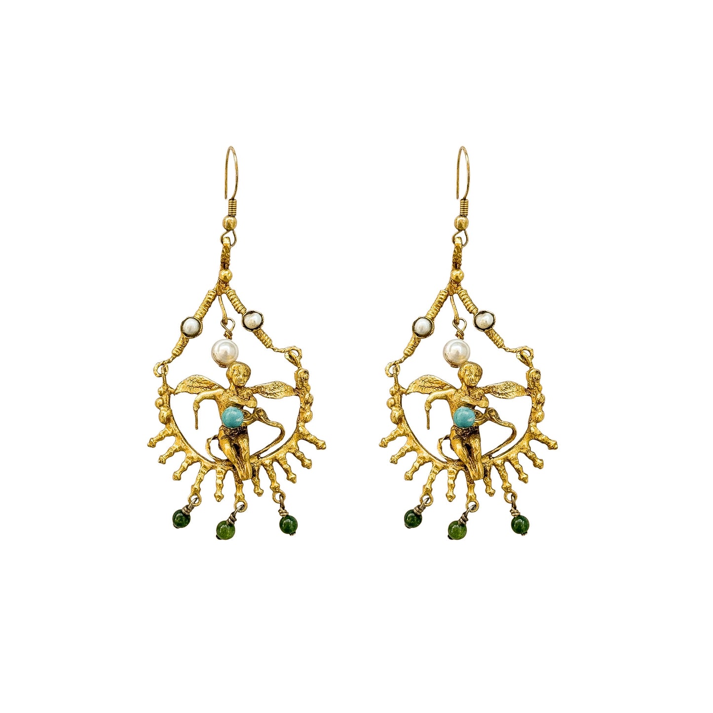 Vintage Italian Gold-Tone Cherub Chandelier Earring — Pearl & Jade 1990s