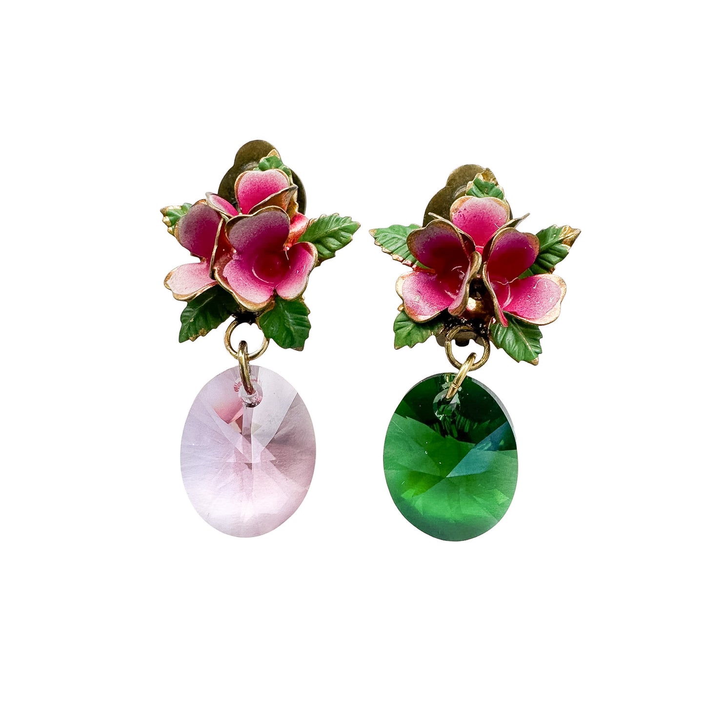 Antique Cold-Painted Enamel Flower Earrings — Swarovski Crystal