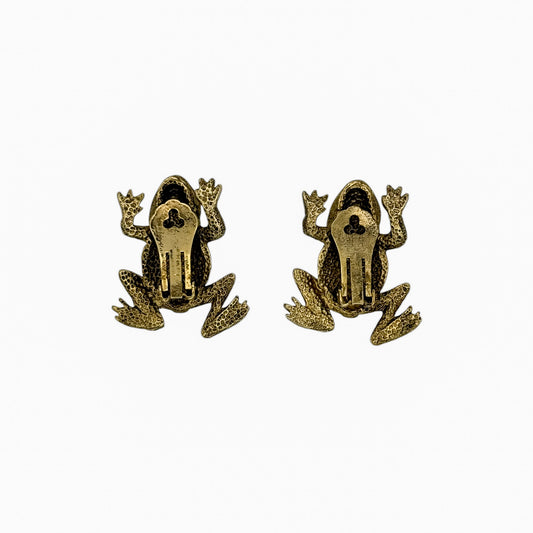Vintage Gold Tone 3D Frog Clip-On Earrings — 1980s