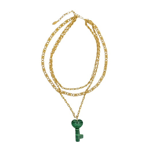 Vintage Triple Gold Chain Necklace with Malachite Key Heart Pendant — 1980s