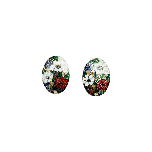 Vintage 1928 Floral Cloisonné Enamel Stud Earrings