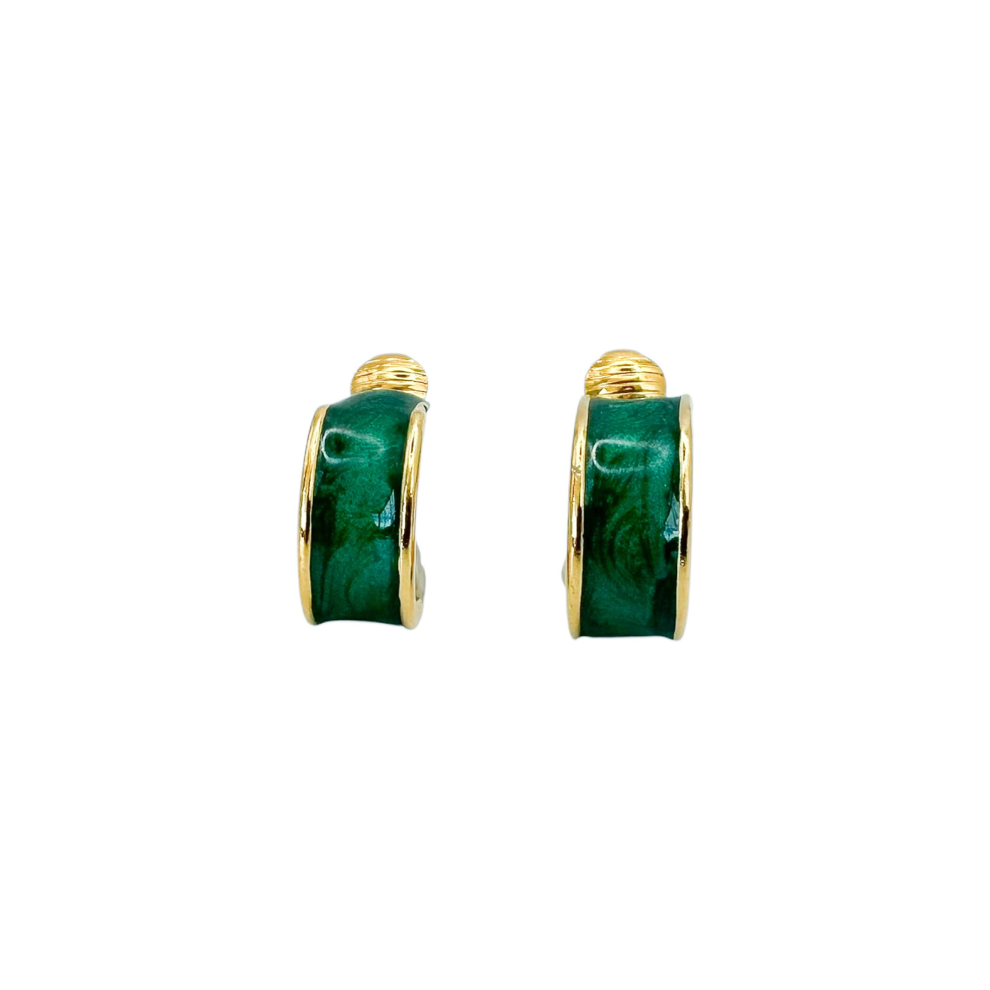 vintage green enamel clip on earrings gold plated 1980s