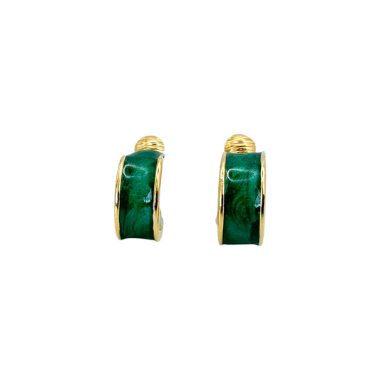vintage green enamel clip on earrings gold plated 1980s