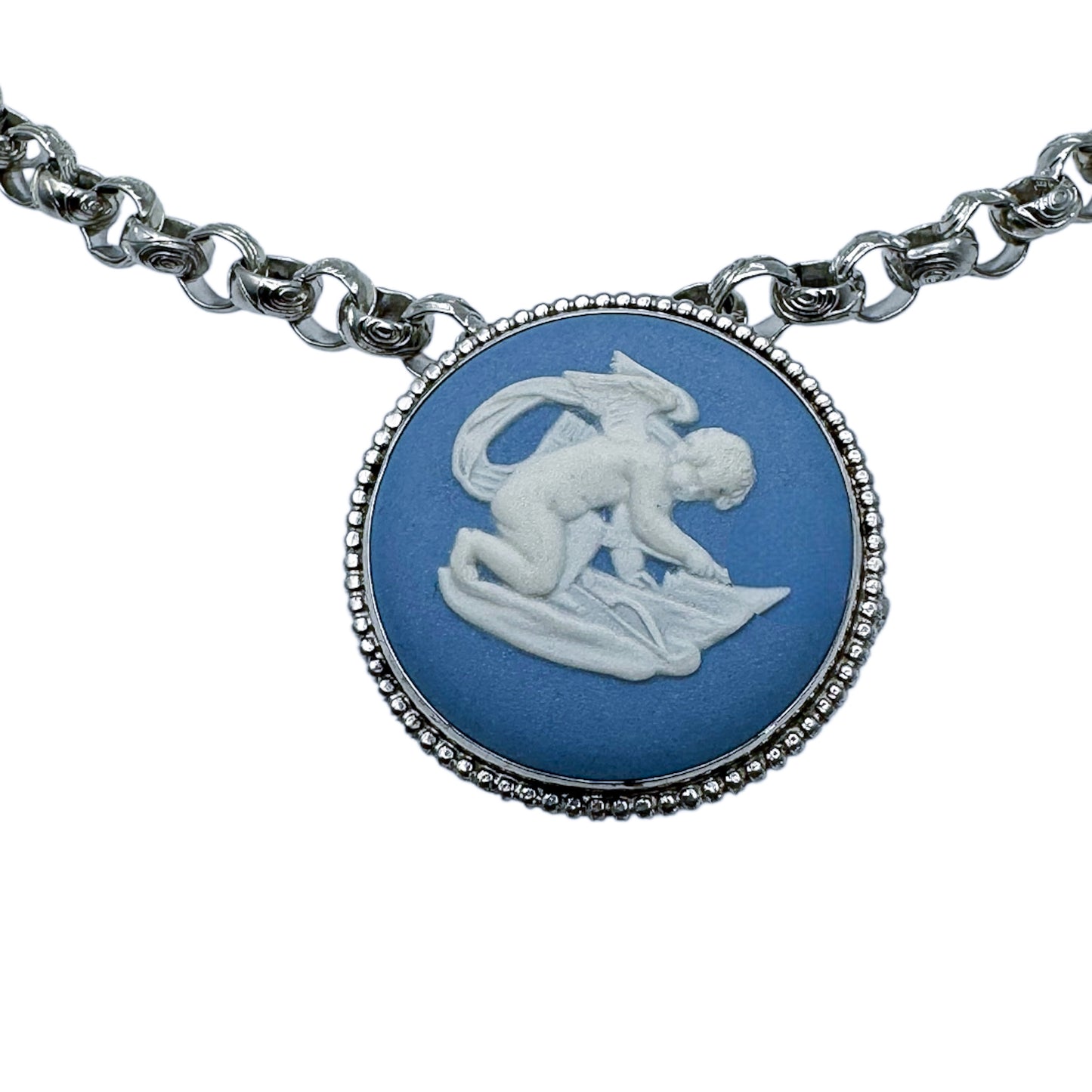 Vintage Silver-Plated Chain Necklace with Wedgwood Blue & White Jasperware Pendant