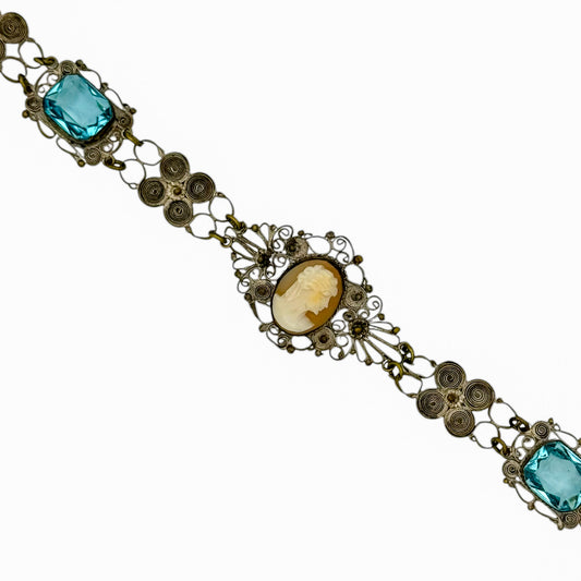 Antique Silver Filigree Cameo & Blue Topaz Glass Bracelet — Early 20th Century