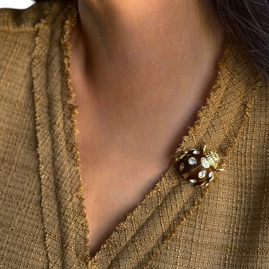 Vintage Gold-Plated Brown Enamel Swarovski Ladybug Brooch — 1980s